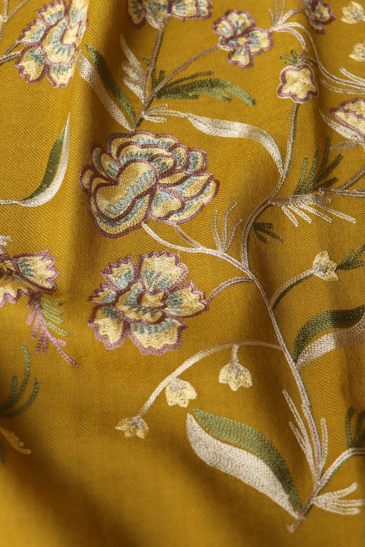 Mustard Yellow Woolen All Over Aari Stole