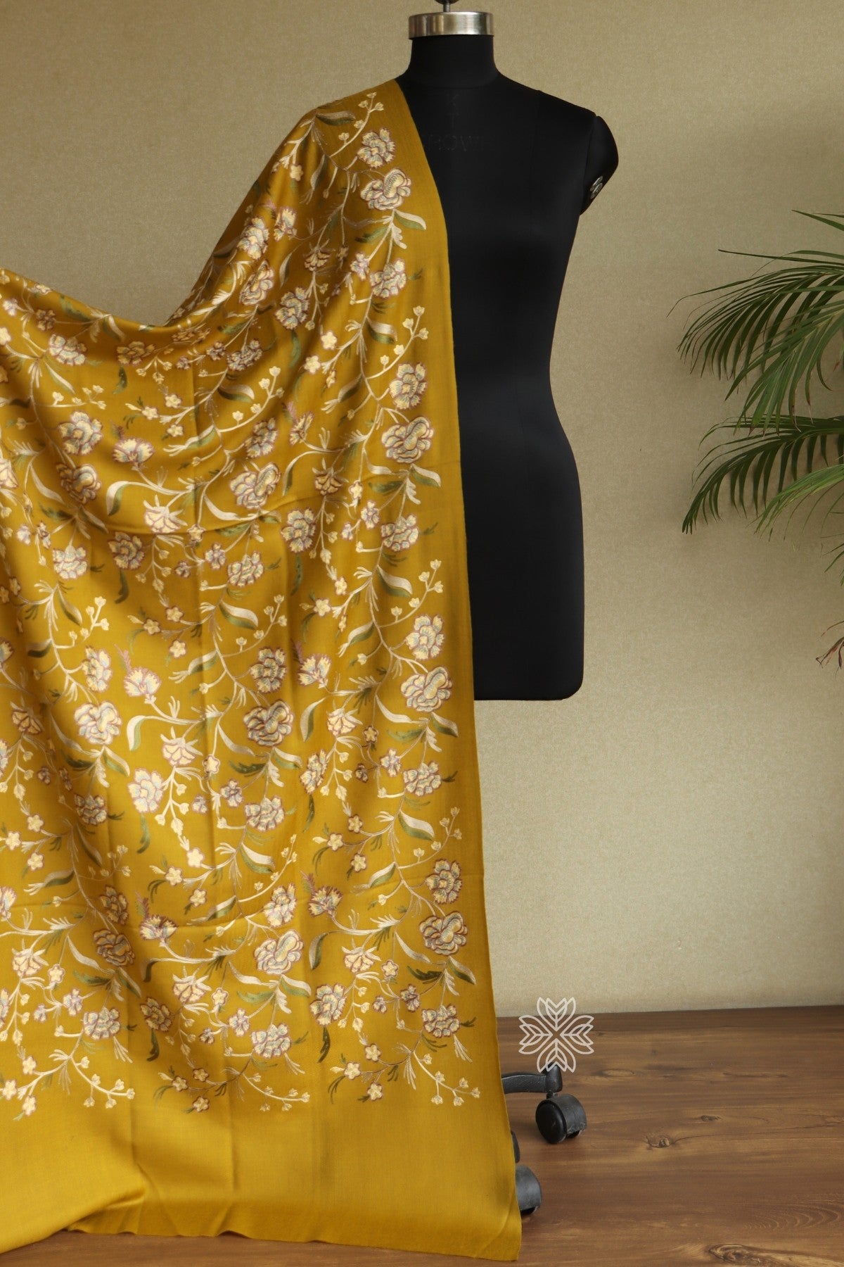 Mustard Yellow Woolen All Over Aari Stole