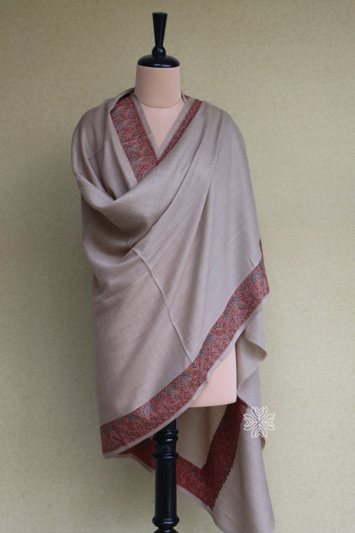 Beige Sozni Fine Wool Shawl