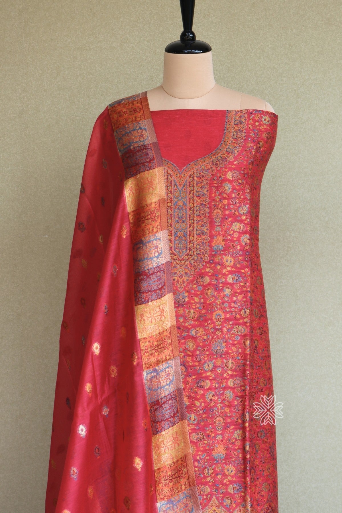 Carrot Pink Kani Silk Linen Suit with Zari