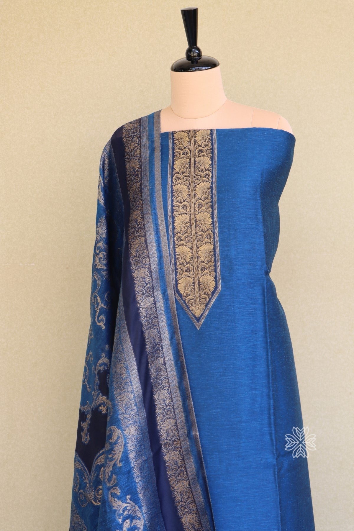 Blue Silk Linen Suit With All Over Dupatta