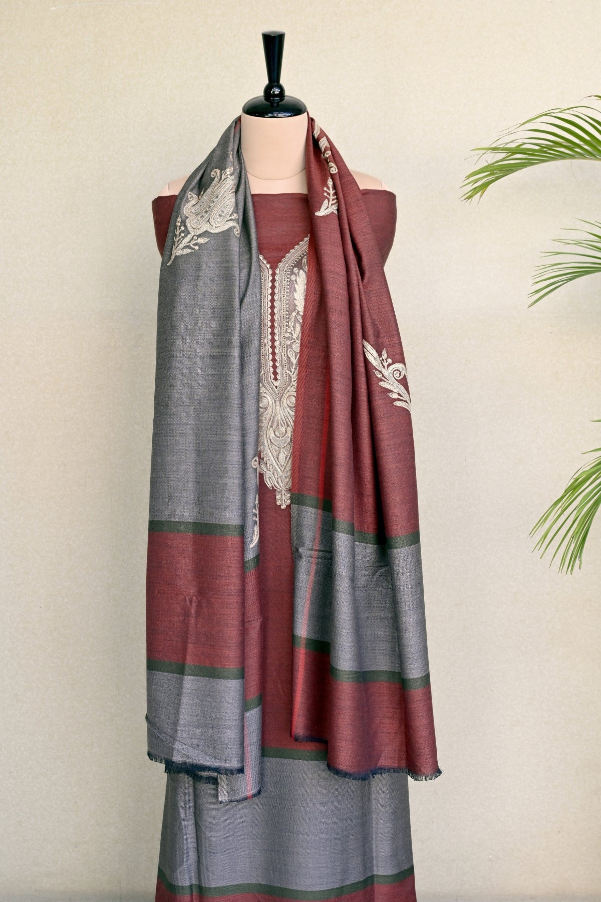 Maroon Fine Wool Zari Embroidered Unstitched Suit