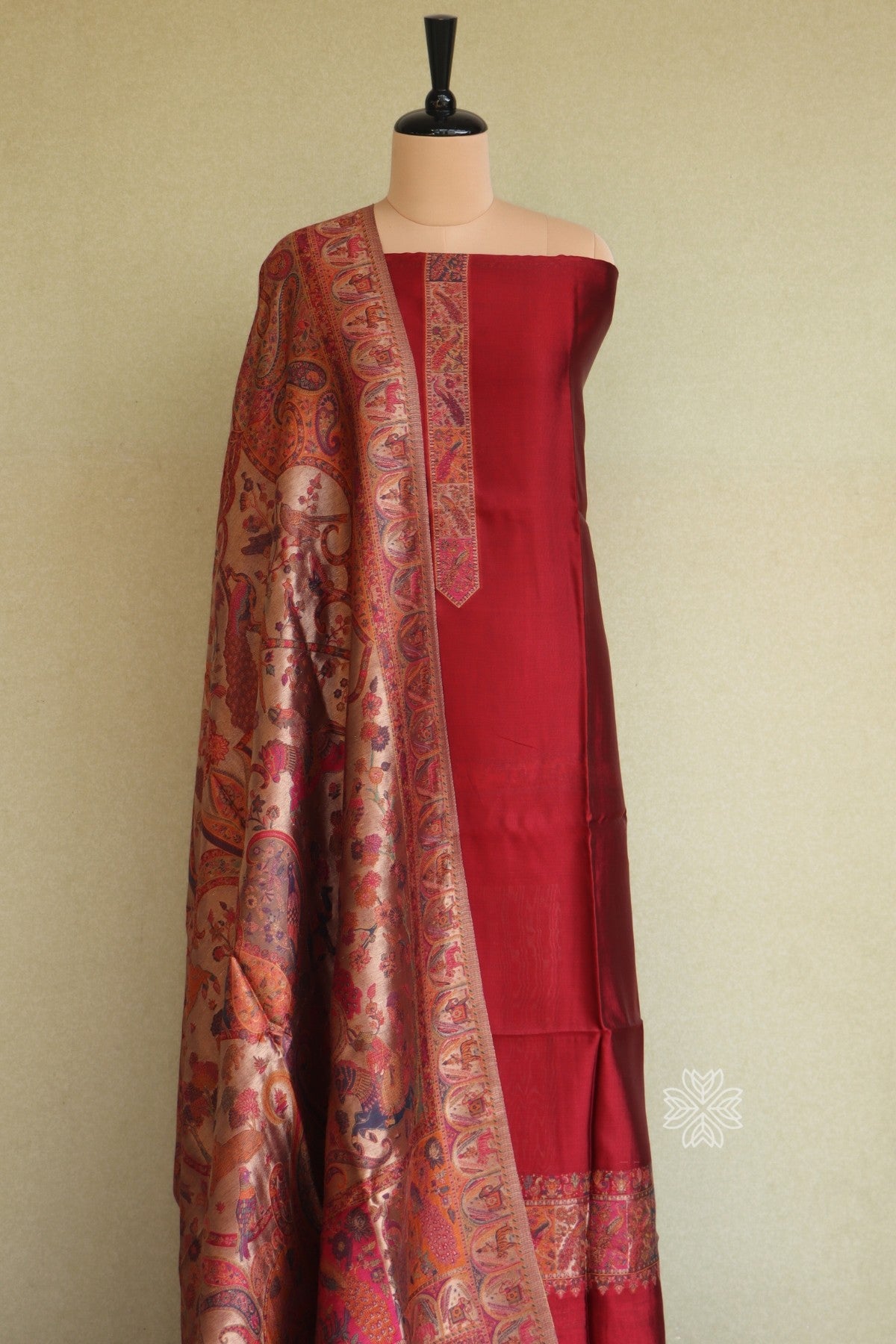 Maroon Kani Silk Suit with Tissue Silk Dupatta