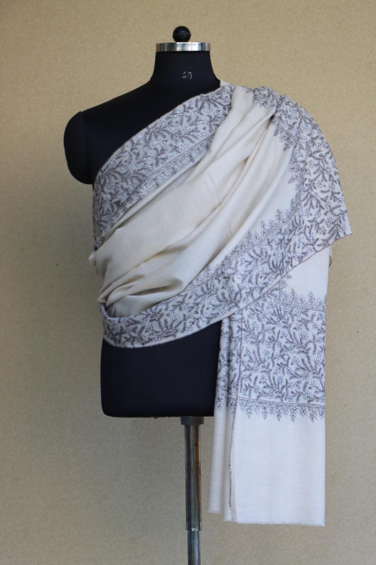 Off White Sozni Pashmina Shawl