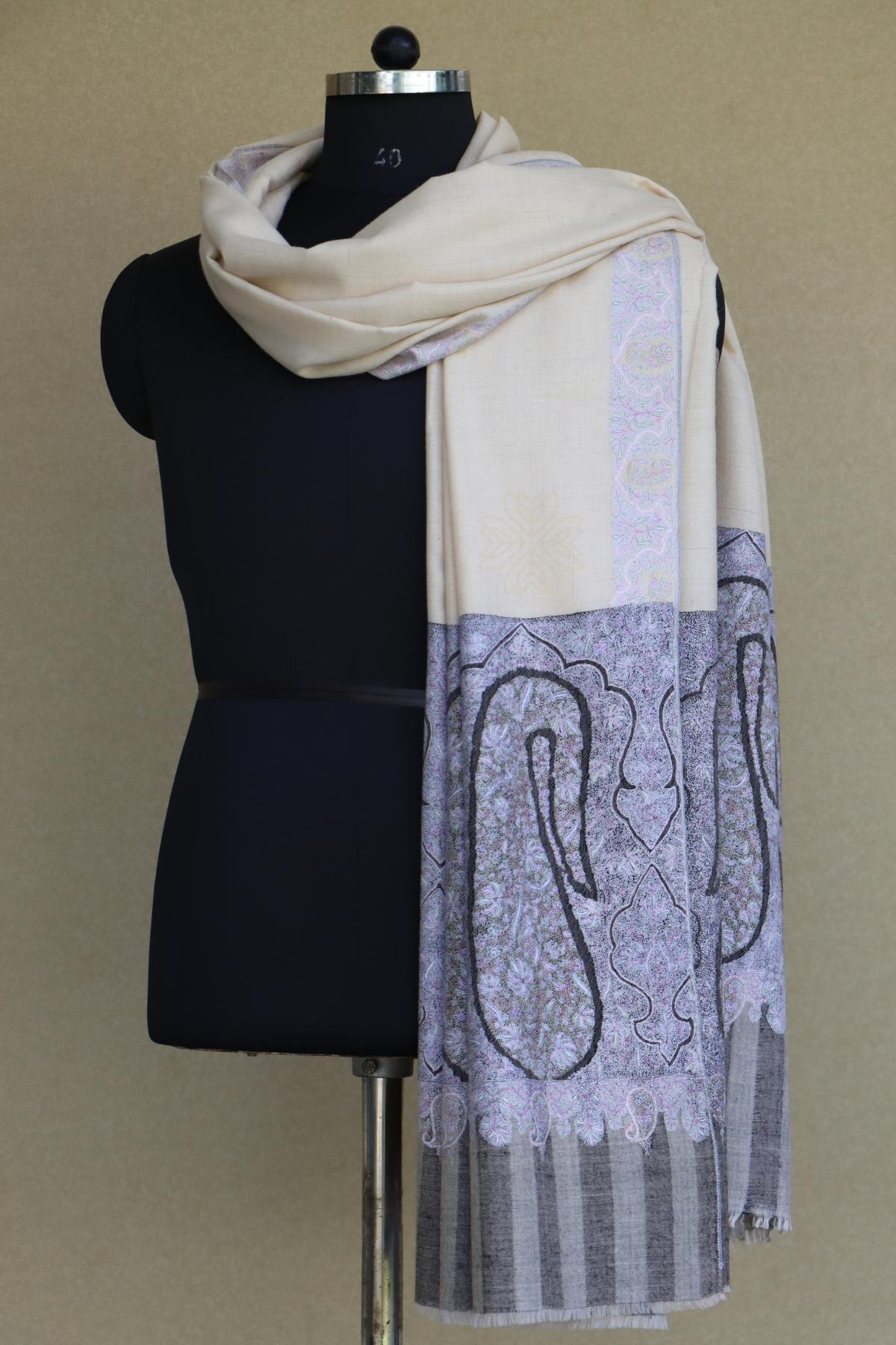 Off White Sozni Pashmina Shawl