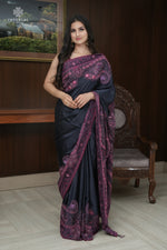 Midnight Blue Satin Jamawar Hand Embroidered saree