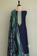 Navy Blue Silk Linen Suit With All Over Dupatta