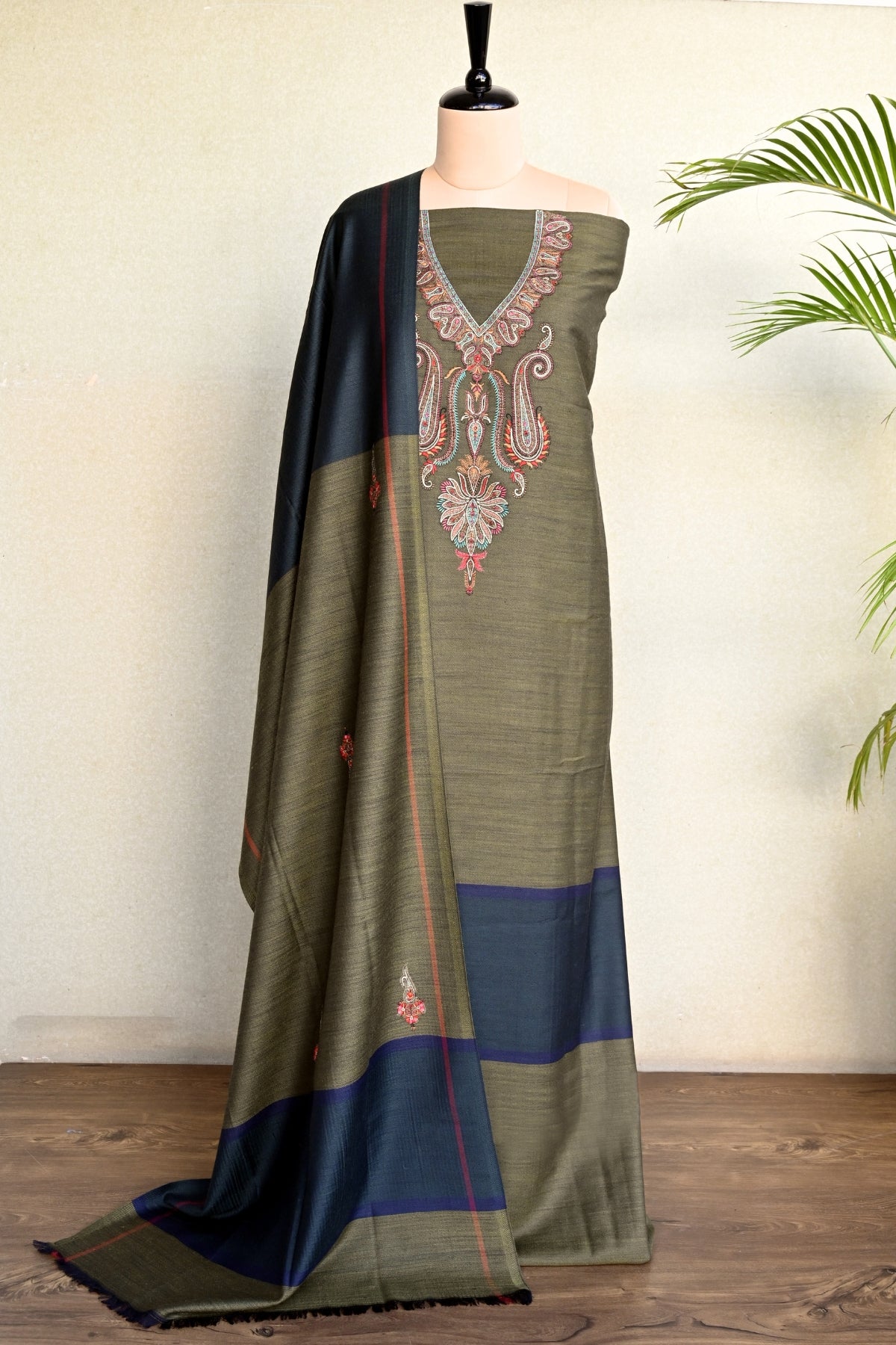 Olive Green Fine Wool Embroidered Unstitched Suit