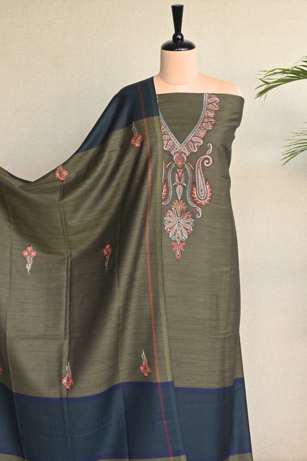 Olive Green Fine Wool Embroidered Unstitched Suit