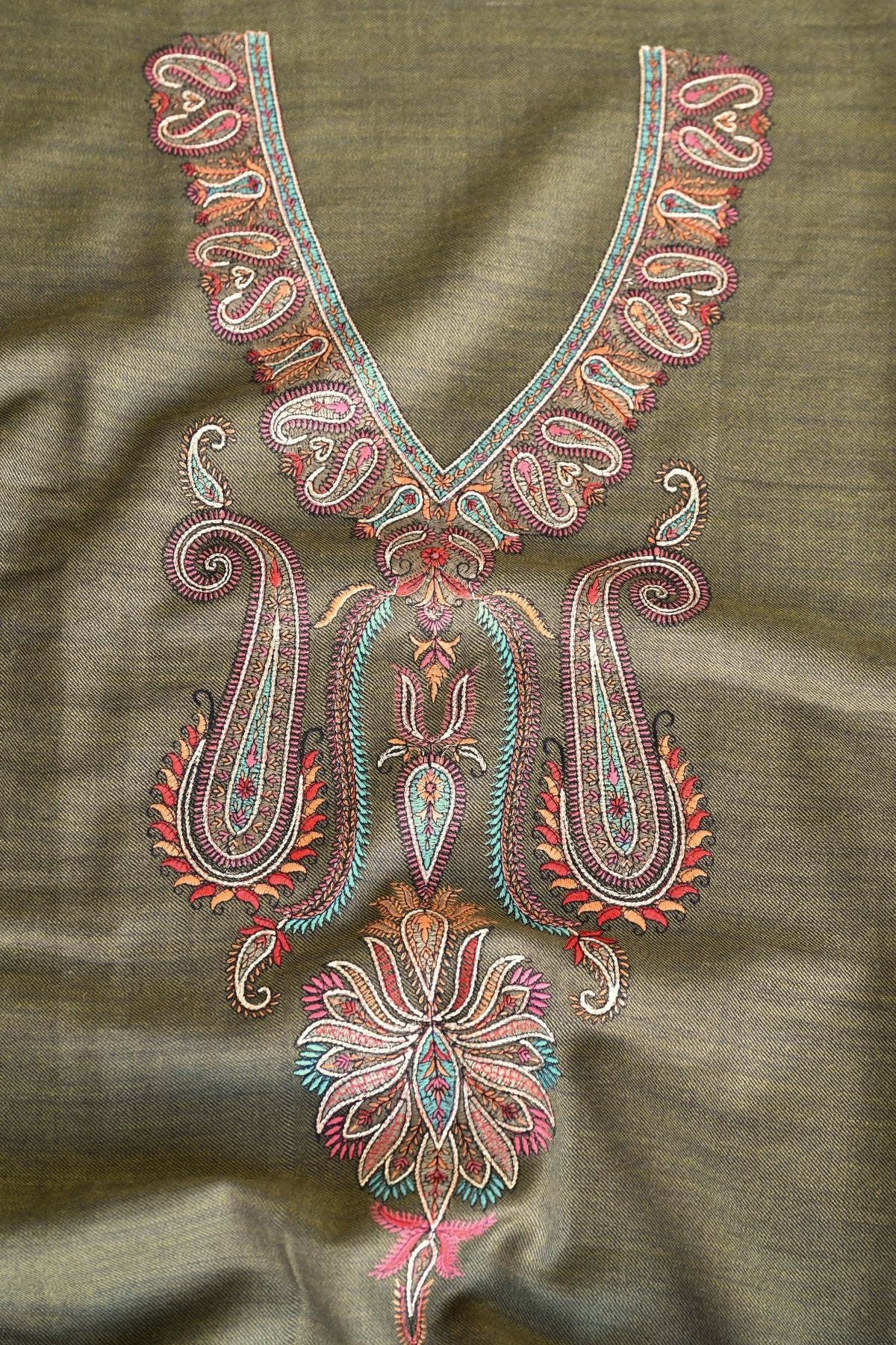 Olive Green Fine Wool Embroidered Unstitched Suit