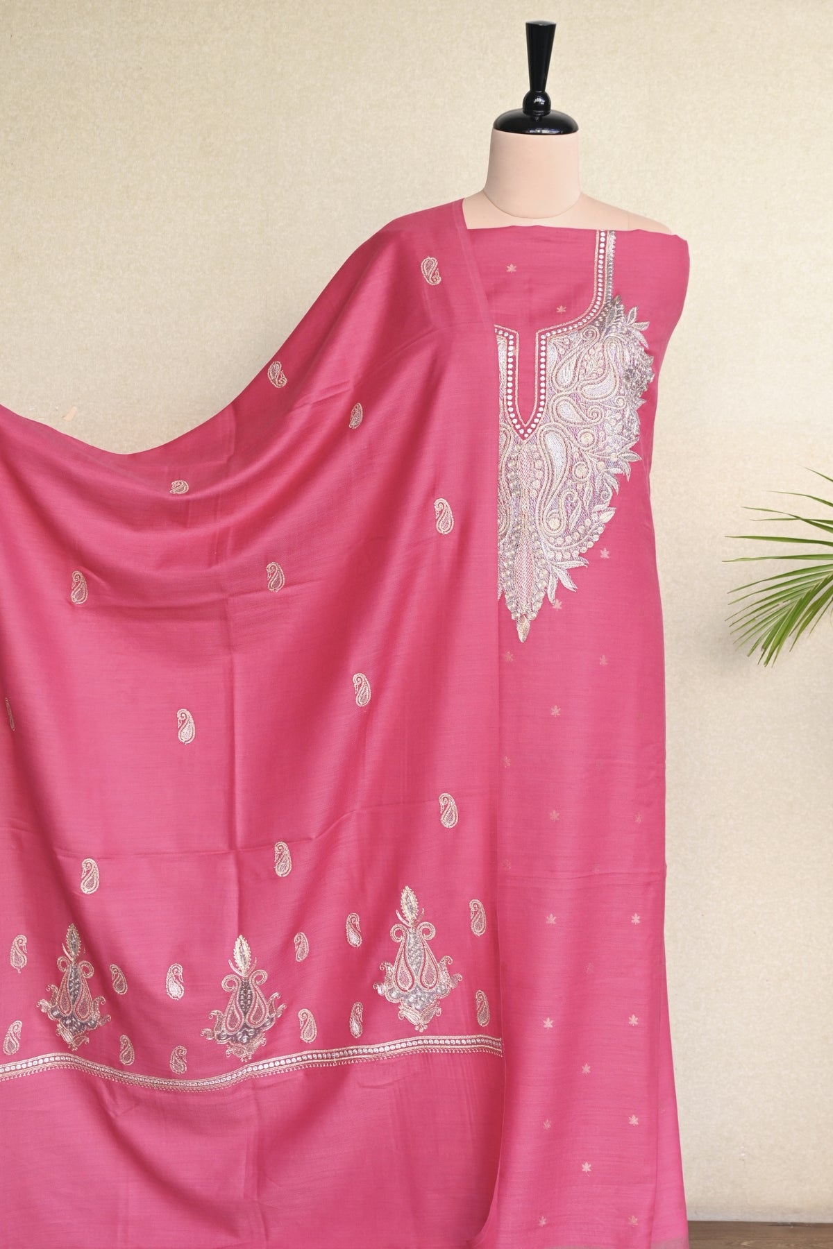 Pink Fine Wool Zari Embroidered Unstitched Suit