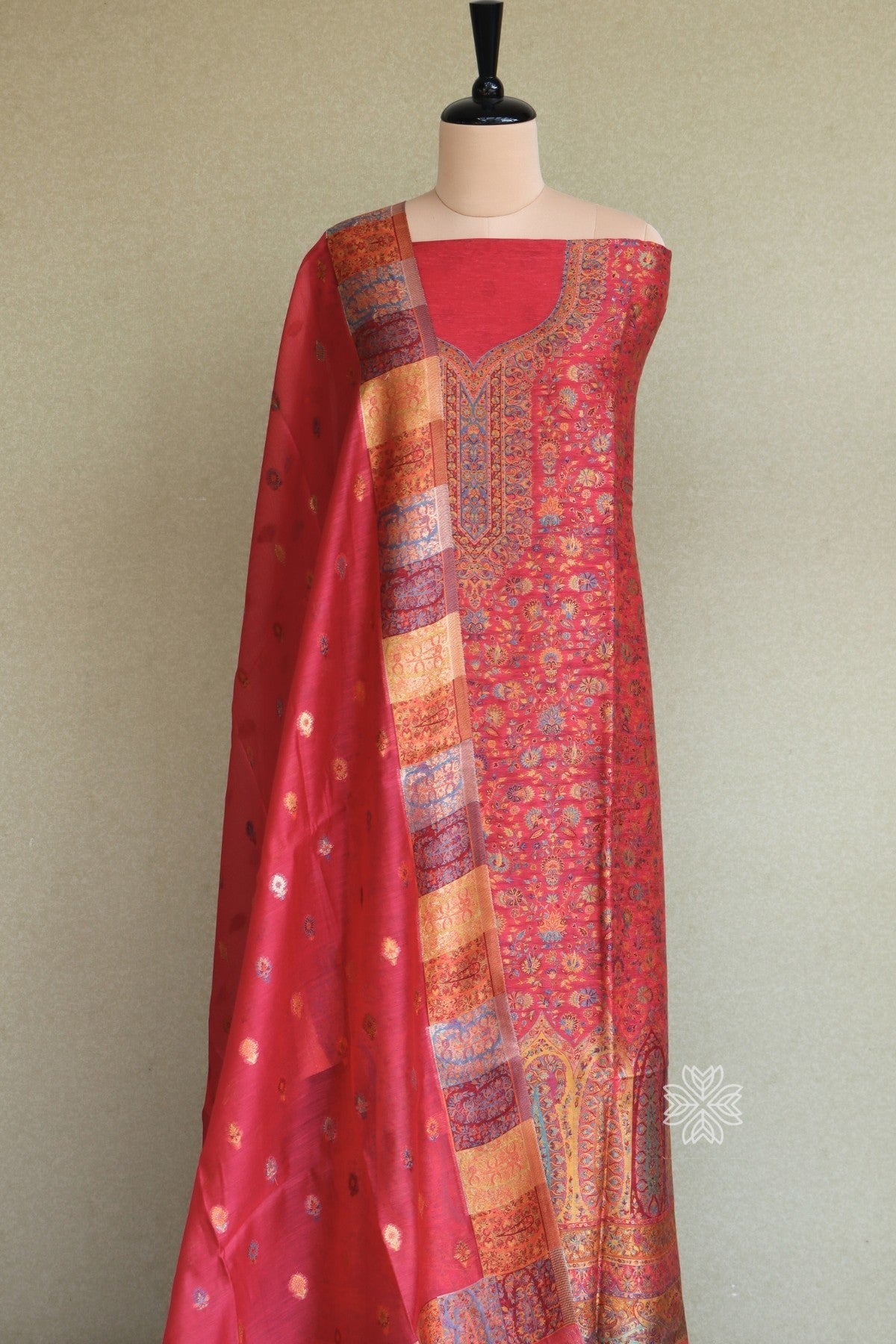 Carrot Pink Kani Silk Linen Suit with Zari