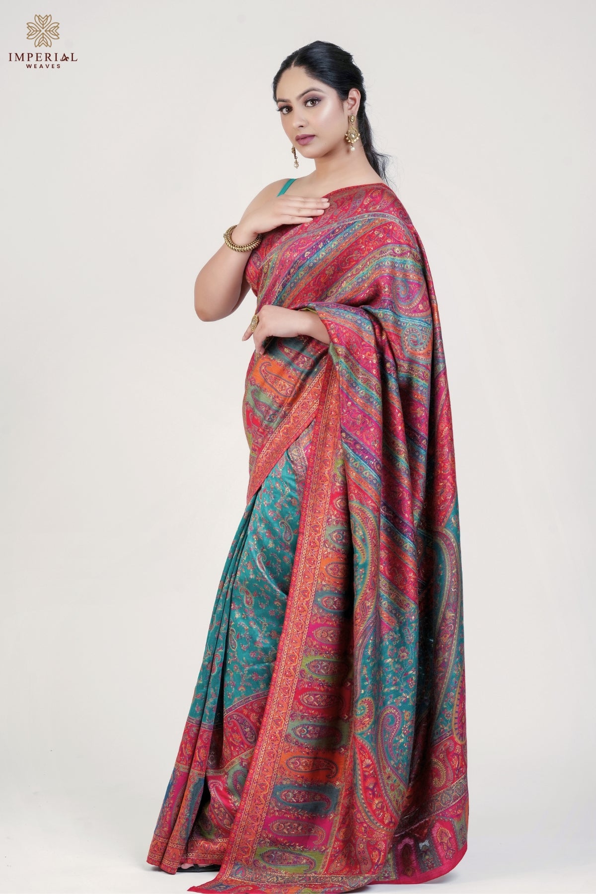 Original Rama Green Kani Silk Saree with intricate Jamawar weaving, a traditional Kashmiri masterpiece - Rama Green Kani Jamawar Silk Saree