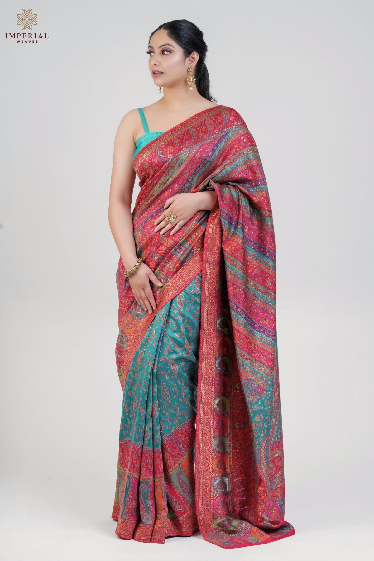 Kashmiri Kani Jamawar Silk Saree in Rama Green with floral motifs, perfect for a vintage saree look - Rama Green Kani Jamawar Silk Saree