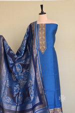 Blue Silk Linen Suit With All Over Dupatta