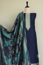 Navy Blue Silk Linen Suit With All Over Dupatta