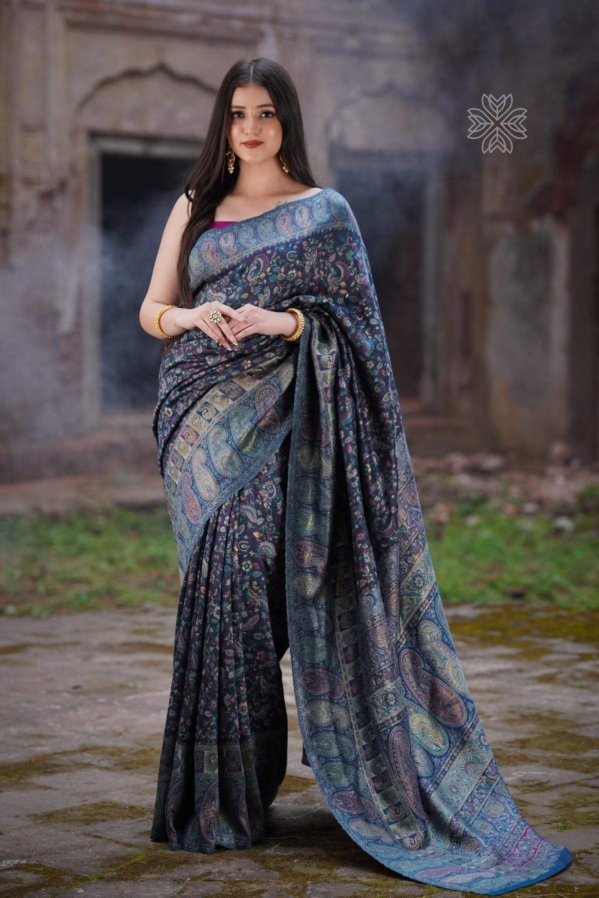 Dusty Blue Kani Silk SareeImperial Weaves