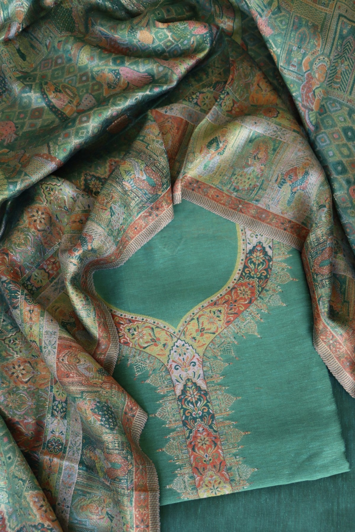 Green Kani Silk Linen Suit with Darbar Dupatta