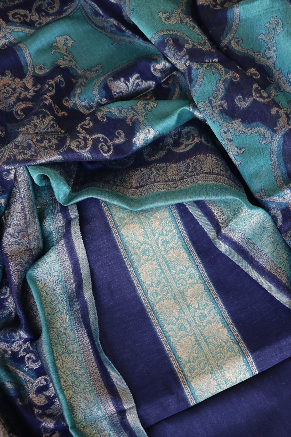 Navy Blue Silk Linen Suit With All Over Dupatta