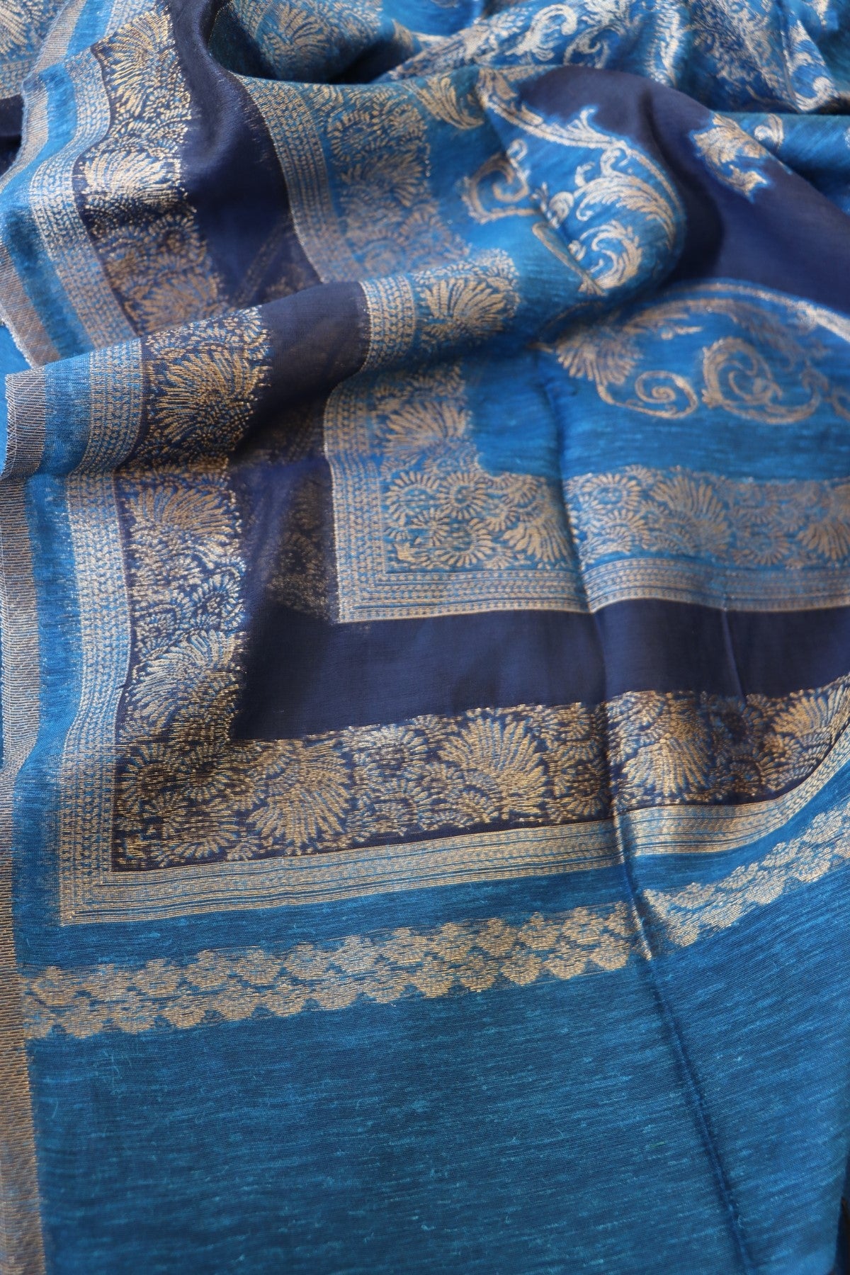 Blue Silk Linen Suit With All Over Dupatta