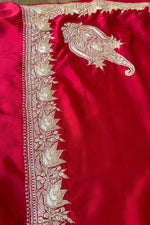 Red Kashmiri Tilla Hand Embroidered Satin Silk Saree