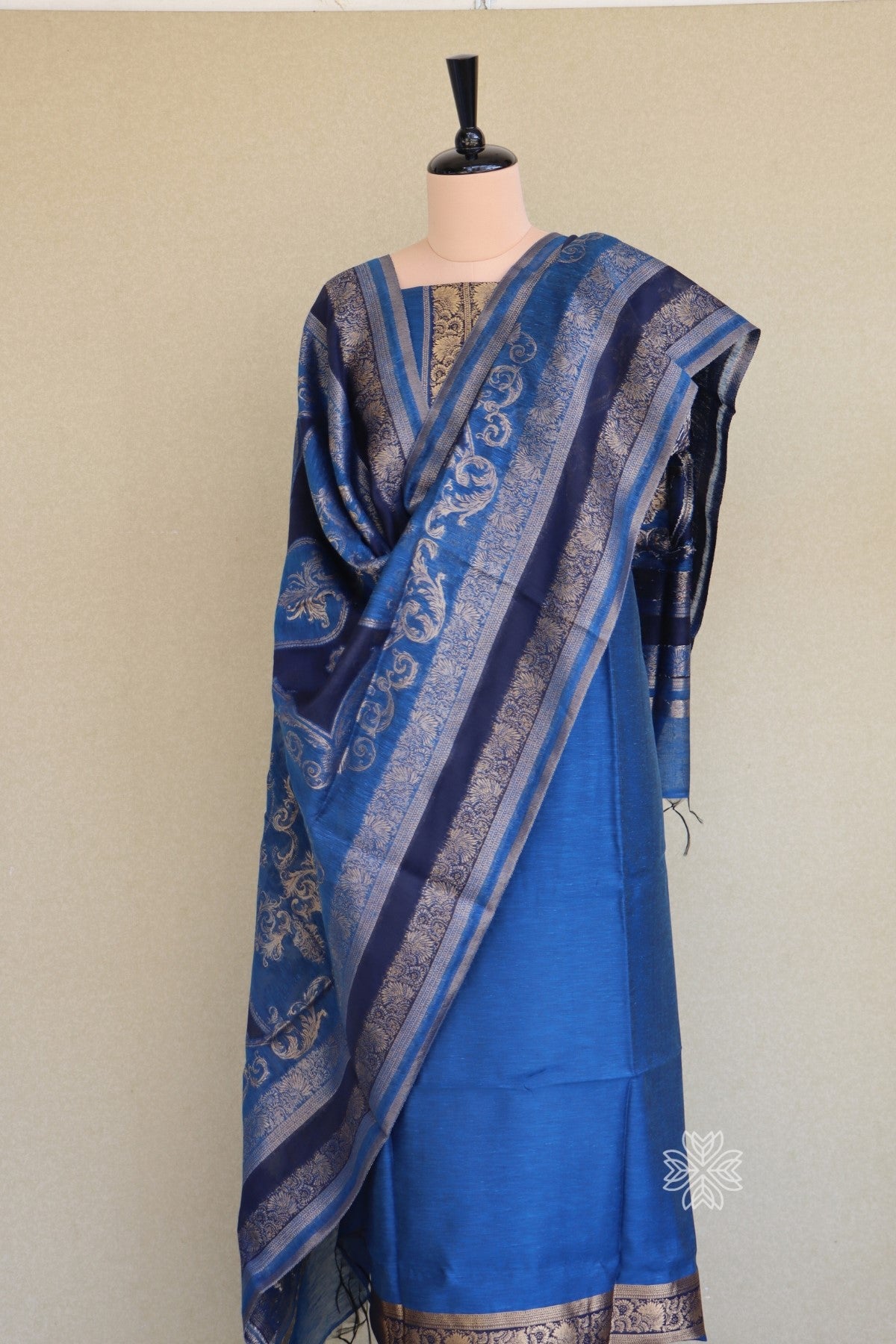 Blue Silk Linen Suit With All Over Dupatta