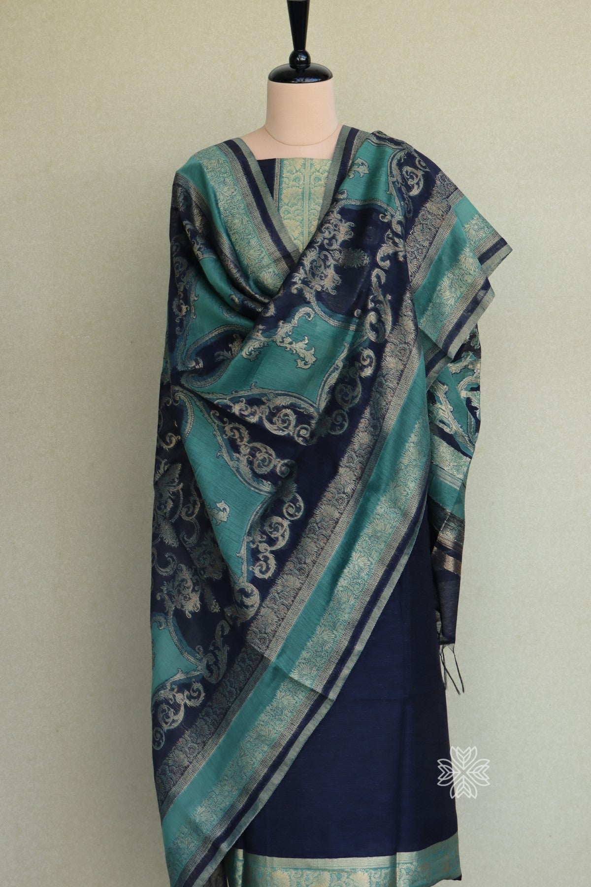 Navy Blue Silk Linen Suit With All Over Dupatta