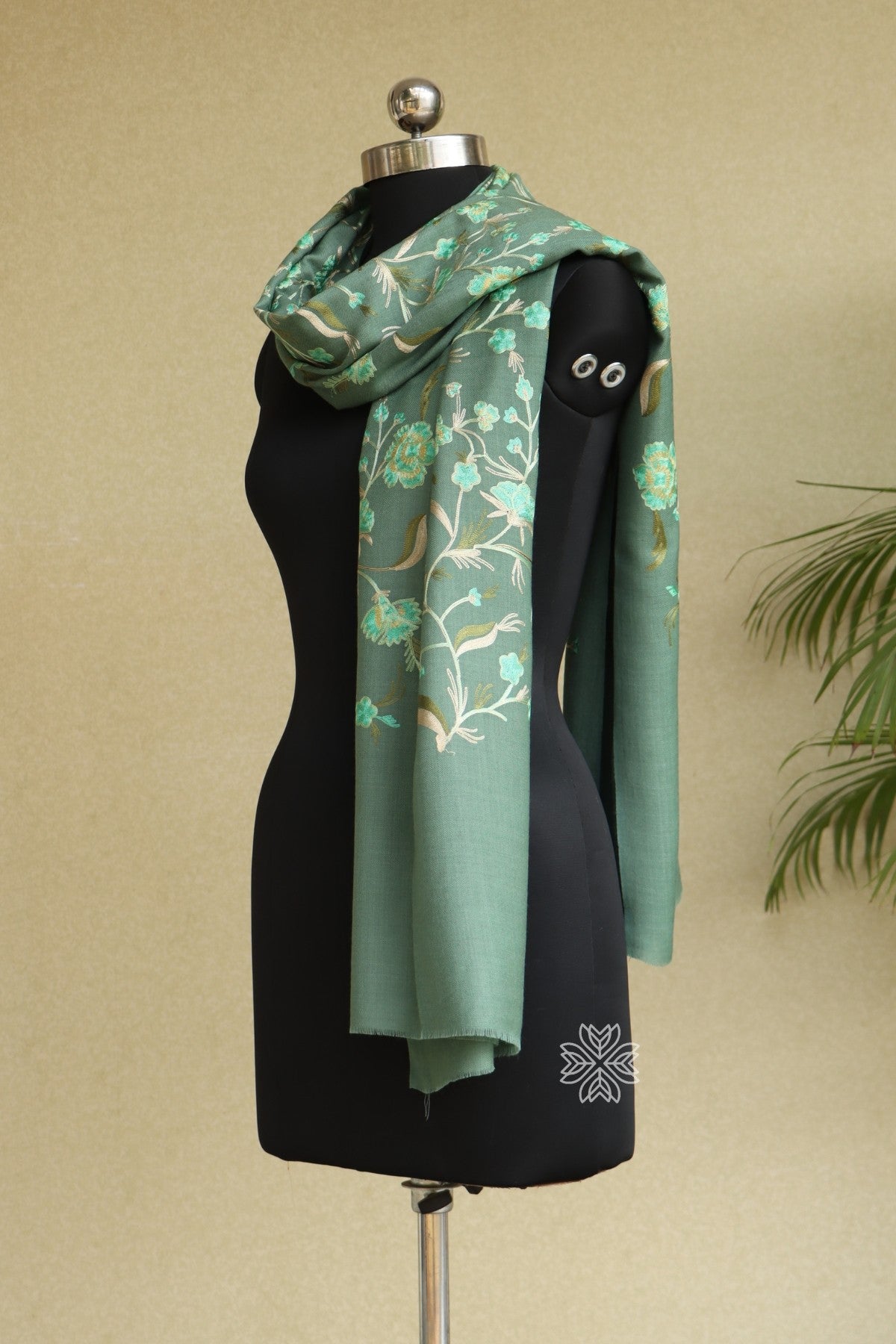 Sage Green Woolen All Over Aari Stole