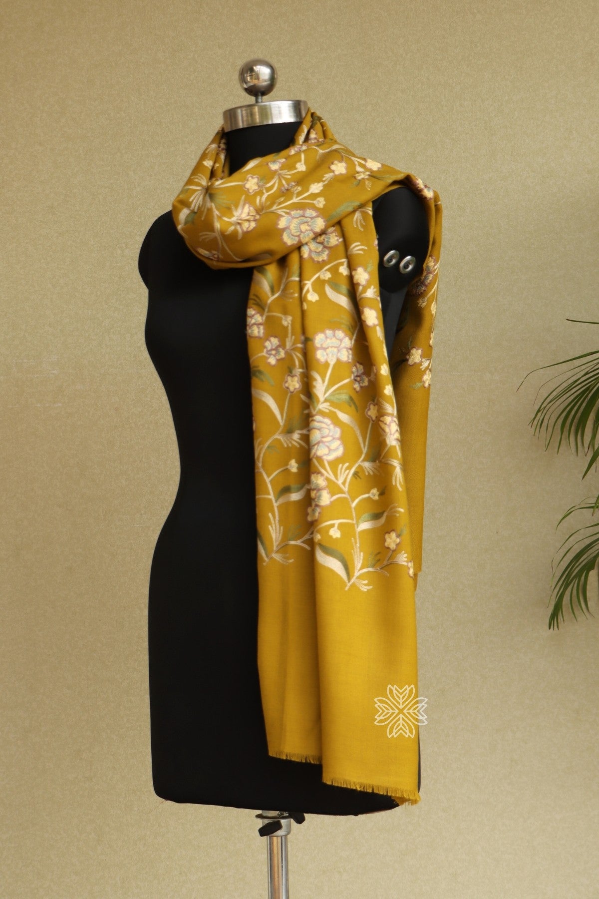 Mustard Yellow Woolen All Over Aari Stole