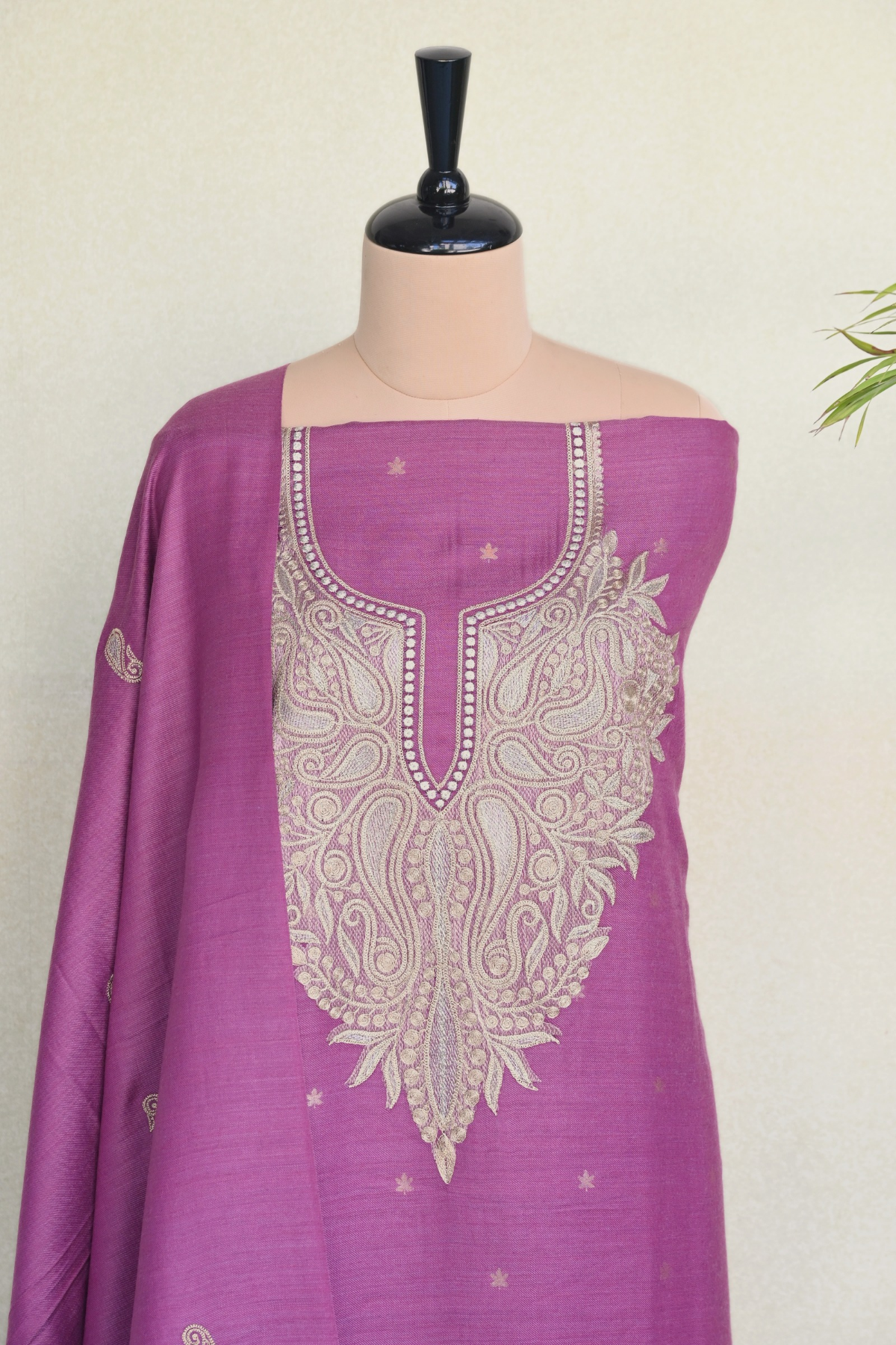 Mauve Fine Wool Zari Embroidered Unstitched Suit