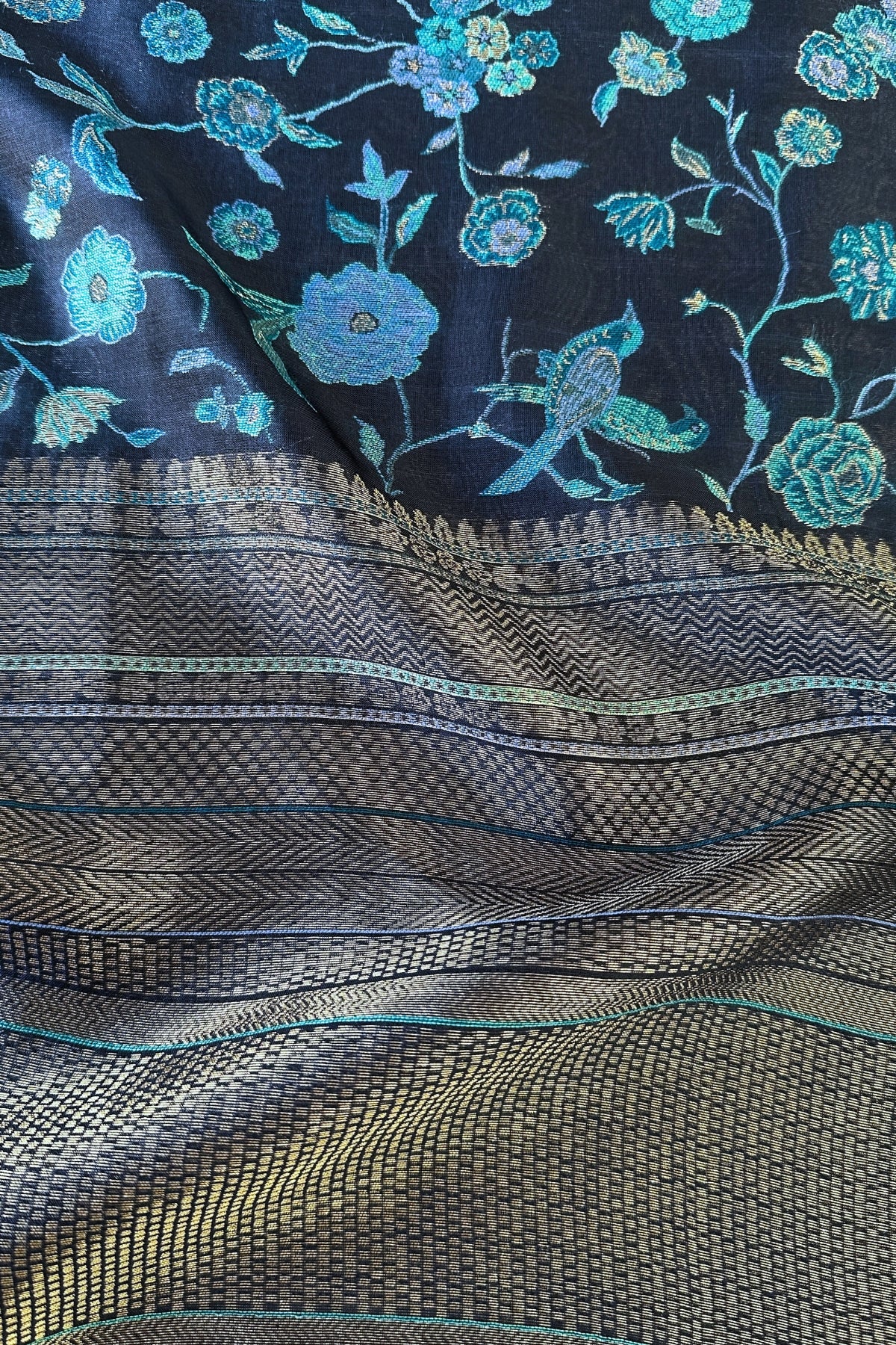 Navy Blue Kani Organza Silk Saree