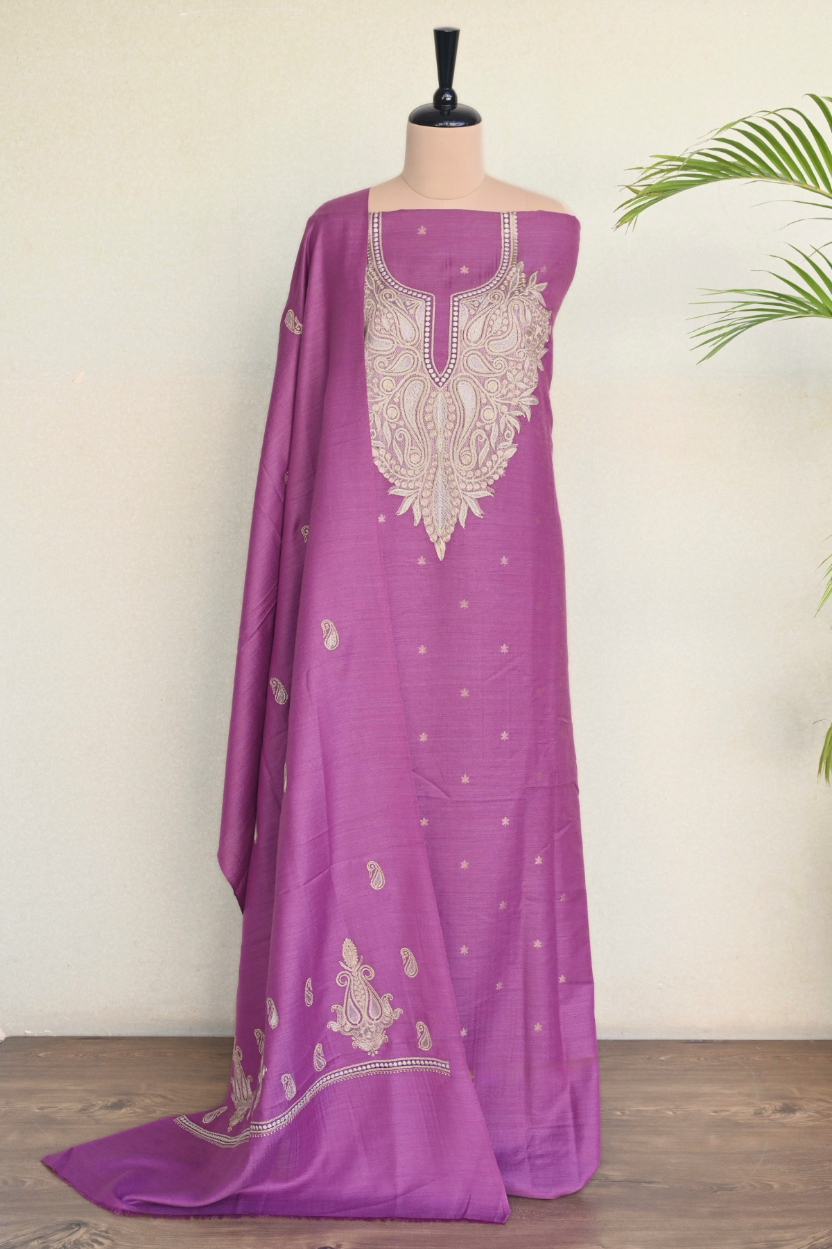 Mauve Fine Wool Zari Embroidered Unstitched Suit