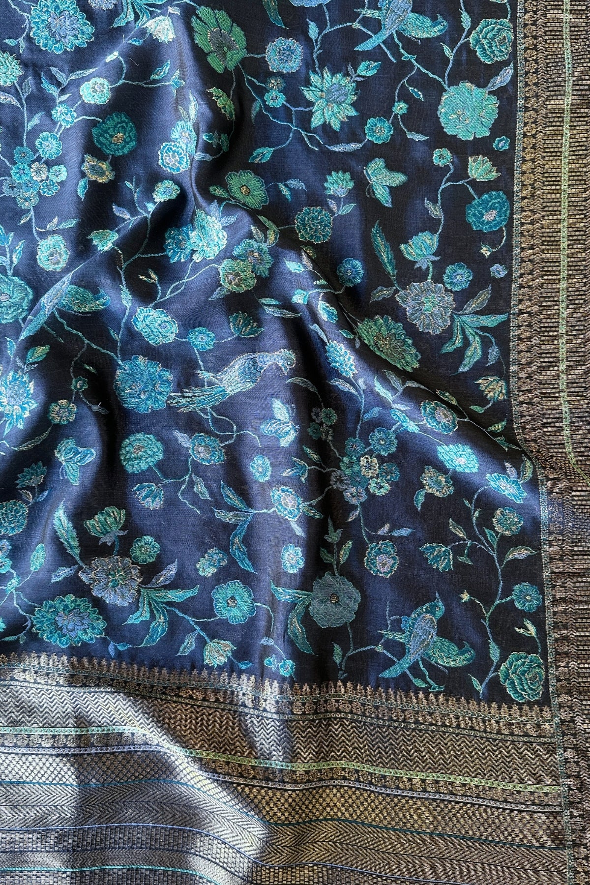 Navy Blue Kani Organza Silk Saree