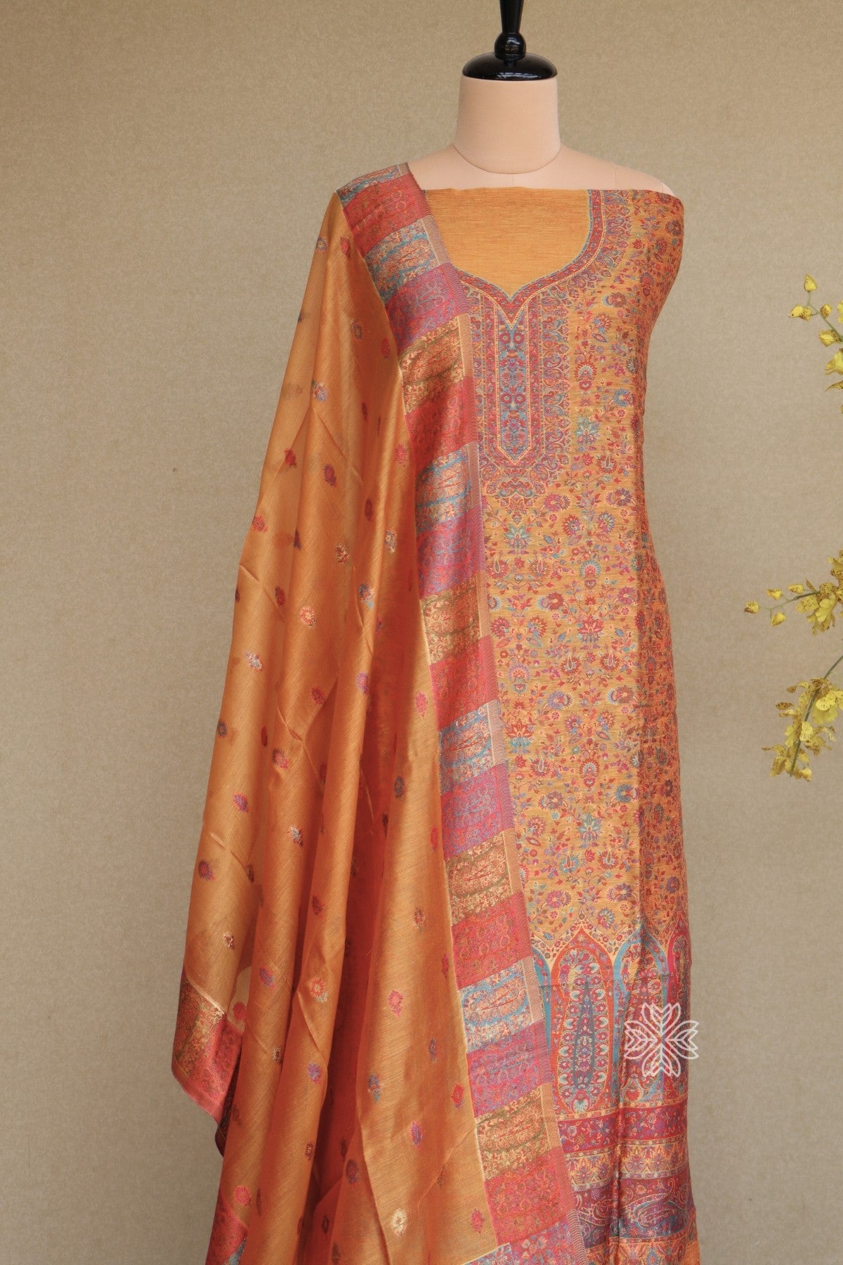 Yellow Kani Silk Linen Suit with Zari